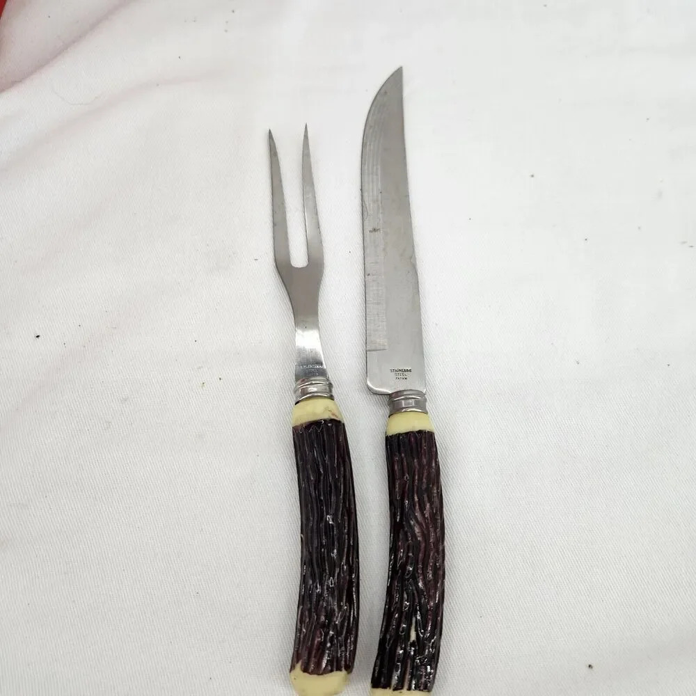 Vintage Antler Horn Faux Handle Knife & Fork Carving Set - Japan - 10